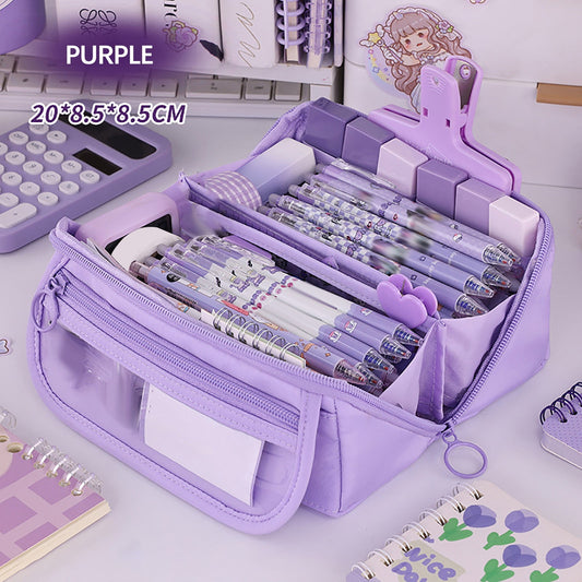 Multi-layer Cloth Pencil Case, Large Capacity Pen Pouch, Pen Stationery Organizer, Portable Art Supply Marker Storage Pencil Box for Office, Home, Travel(Purple) Purple