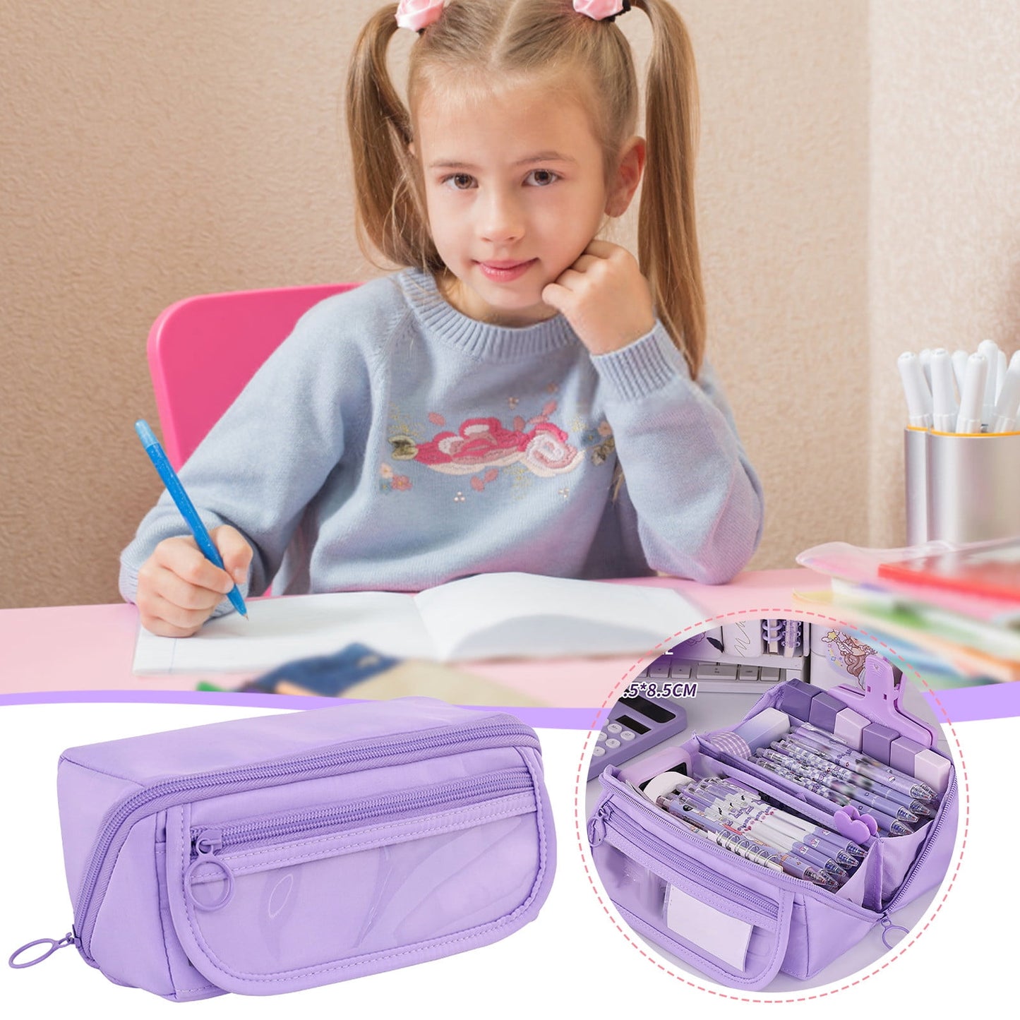 Multi-layer Cloth Pencil Case, Large Capacity Pen Pouch, Pen Stationery Organizer, Portable Art Supply Marker Storage Pencil Box for Office, Home, Travel(Purple) Purple
