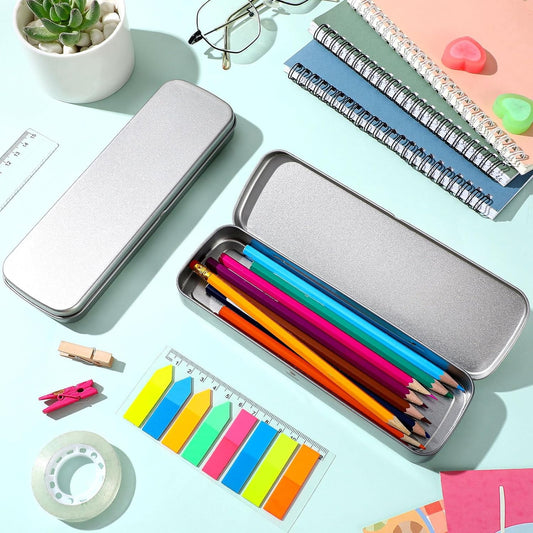 6 Pcs Tin Pencil Case Metal Pencil Case Empty Hinged Stainless Steel Box Rectangular for Brushes Crayon