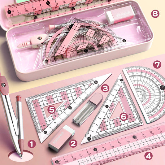 Compass Geometry Tool, Protractor and Compass Set, Metal Box Drawing Compass with Rulers, Math Compass Kit, Shatterproof Storage Box, for Stationery Supplies Pink
