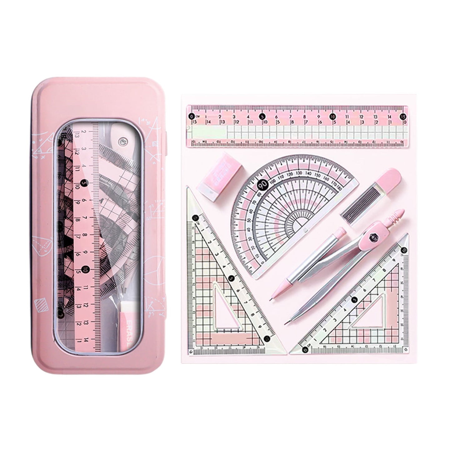Compass Geometry Tool, Protractor and Compass Set, Metal Box Drawing Compass with Rulers, Math Compass Kit, Shatterproof Storage Box, for Stationery Supplies Pink