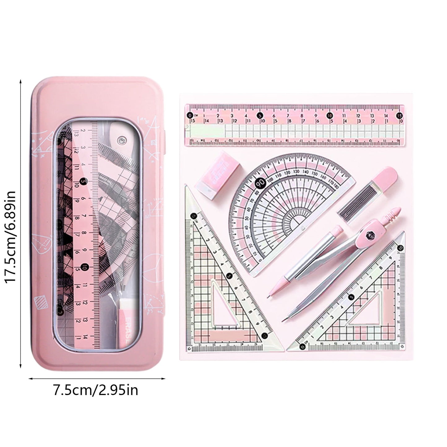 Compass Geometry Tool, Protractor and Compass Set, Metal Box Drawing Compass with Rulers, Math Compass Kit, Shatterproof Storage Box, for Stationery Supplies Pink