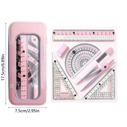 Compass Geometry Tool, Protractor and Compass Set, Metal Box Drawing Compass with Rulers, Math Compass Kit, Shatterproof Storage Box, for Stationery Supplies Pink