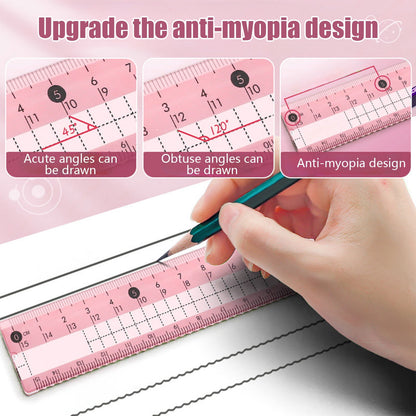 Compass Geometry Tool, Protractor and Compass Set, Metal Box Drawing Compass with Rulers, Math Compass Kit, Shatterproof Storage Box, for Stationery Supplies Pink
