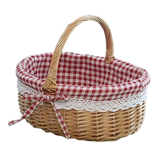 Wicker Picnic Basket with Handles and Linen Cloth Lining, Empty Baskets for Gifts, Woven Easter Basket, Willow Picnic Hamper Garden Harvest Basket, for Easter Egg Gathering, Candy, Toys Red