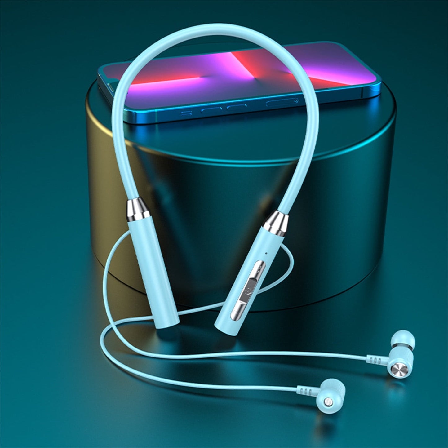 Neckband Bluetooth Headphones Wireless Earbuds with Microphone Flashlight Around the Neck Waterproof Sport Headset Noise Cancelling Ear Buds 120H Playtime for Running Cycling Cell Phone Sky Blue