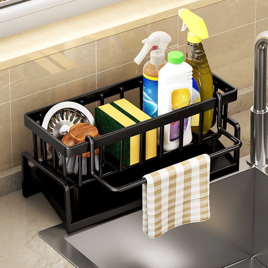 Sponge Holder for Kitchen Sink, Auto Draining Kitchen Sink Caddy, Rustproof Steel Dish Sponge Organizer with Removable Dishcloth Rack, Soap Dispenser Brush Holder Black