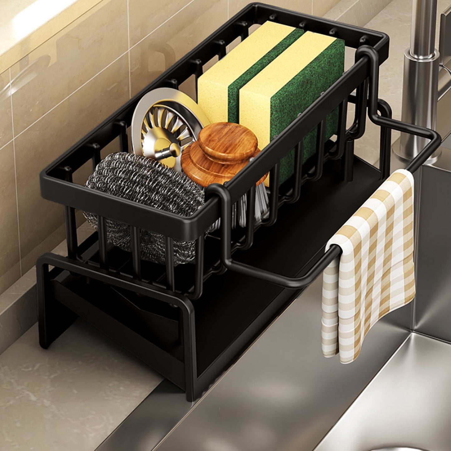 Sponge Holder for Kitchen Sink, Auto Draining Kitchen Sink Caddy, Rustproof Steel Dish Sponge Organizer with Removable Dishcloth Rack, Soap Dispenser Brush Holder Black