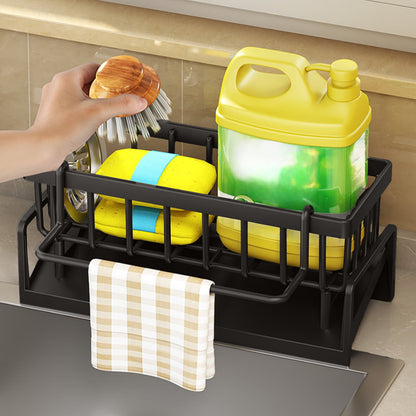 Sponge Holder for Kitchen Sink, Auto Draining Kitchen Sink Caddy, Rustproof Steel Dish Sponge Organizer with Removable Dishcloth Rack, Soap Dispenser Brush Holder Black