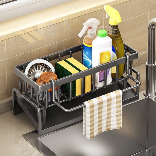 Sponge Holder for Kitchen Sink, Auto Draining Kitchen Sink Caddy, Rustproof Steel Dish Sponge Organizer with Removable Dishcloth Rack, Soap Dispenser Brush Holder Gray