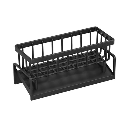Sponge Holder for Kitchen Sink, Auto Draining Kitchen Sink Caddy, Rustproof Steel Dish Sponge Organizer with Removable Dishcloth Rack, Soap Dispenser Brush Holder X-Black