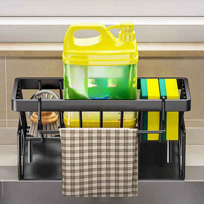 Sponge Holder for Kitchen Sink, Auto Draining Kitchen Sink Caddy, Rustproof Steel Dish Sponge Organizer with Removable Dishcloth Rack, Soap Dispenser Brush Holder X-Black