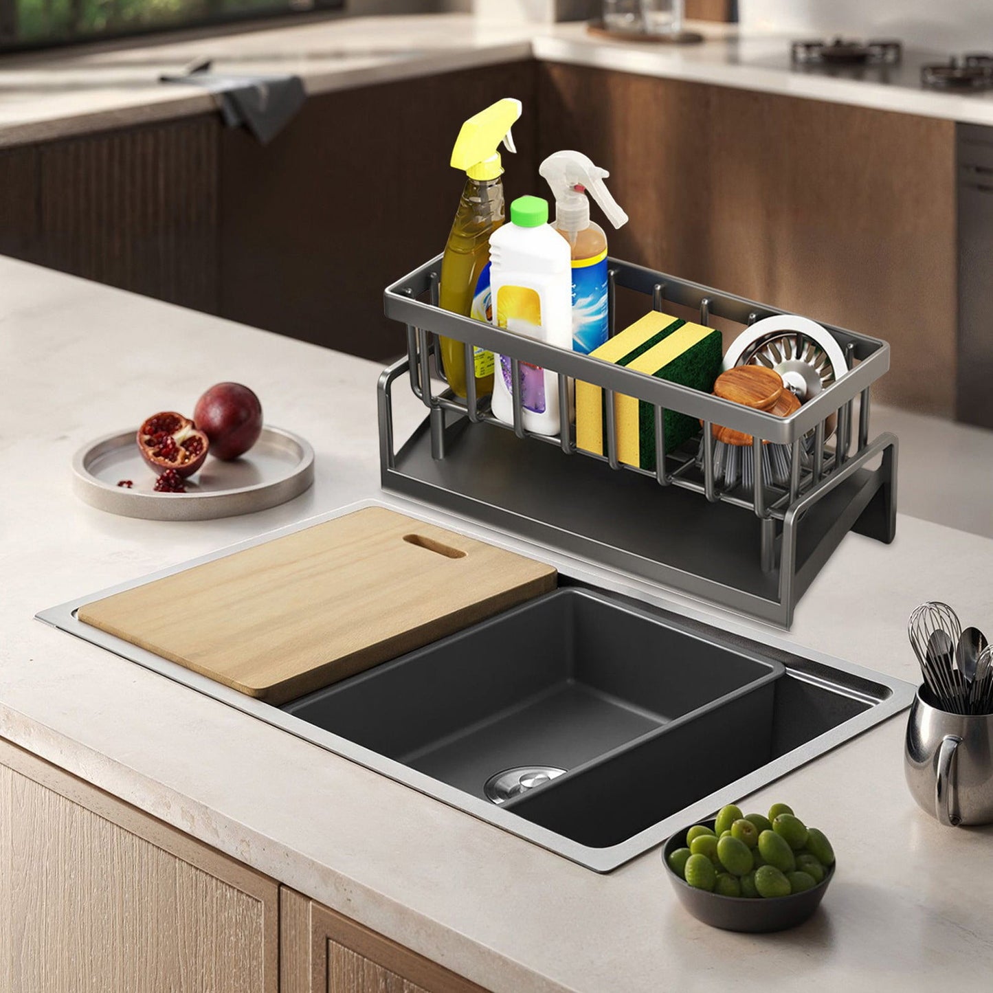 Sponge Holder for Kitchen Sink, Auto Draining Kitchen Sink Caddy, Rustproof Steel Dish Sponge Organizer with Removable Dishcloth Rack, Soap Dispenser Brush Holder X-Gray