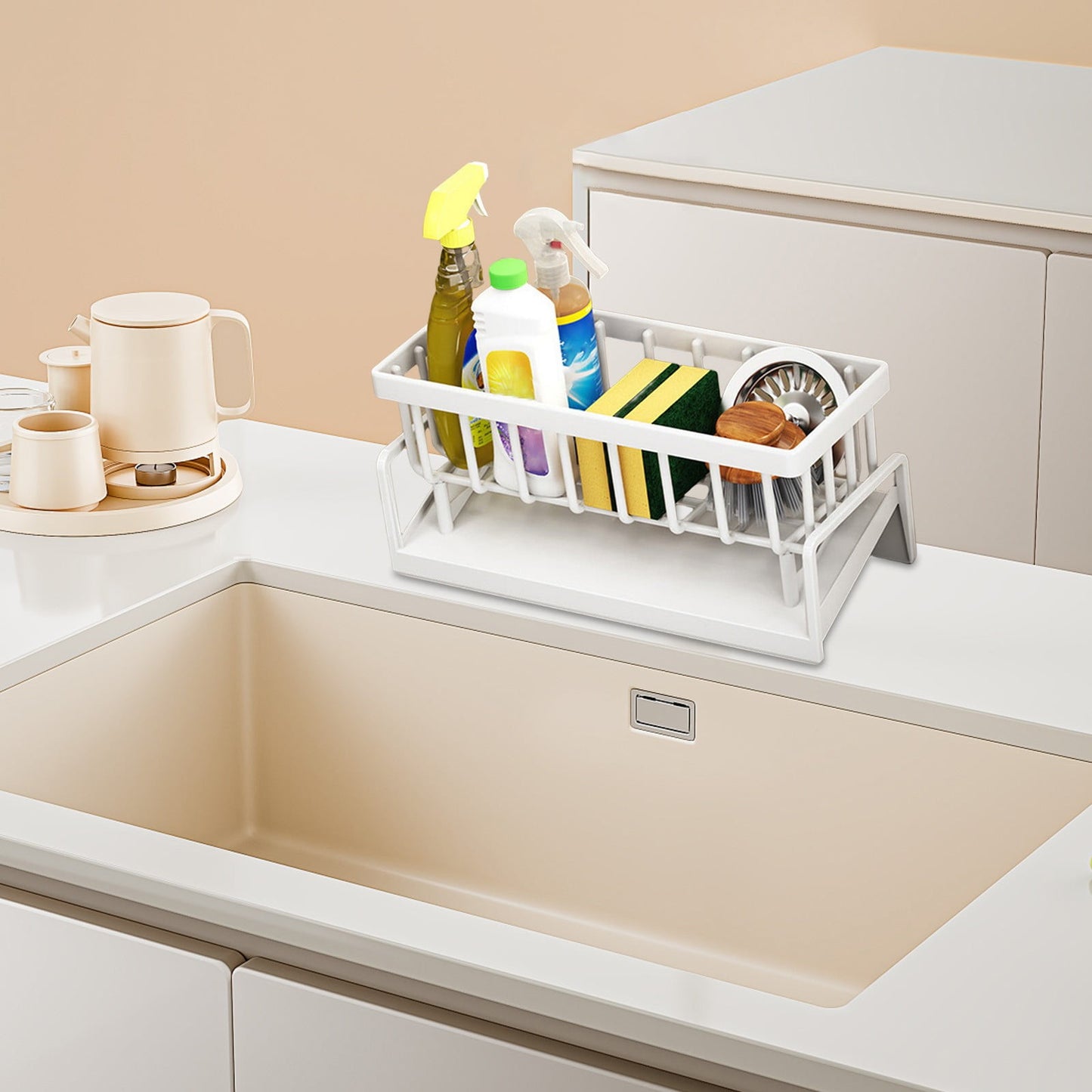 Sponge Holder for Kitchen Sink, Auto Draining Kitchen Sink Caddy, Rustproof Steel Dish Sponge Organizer with Removable Dishcloth Rack, Soap Dispenser Brush Holder X-White