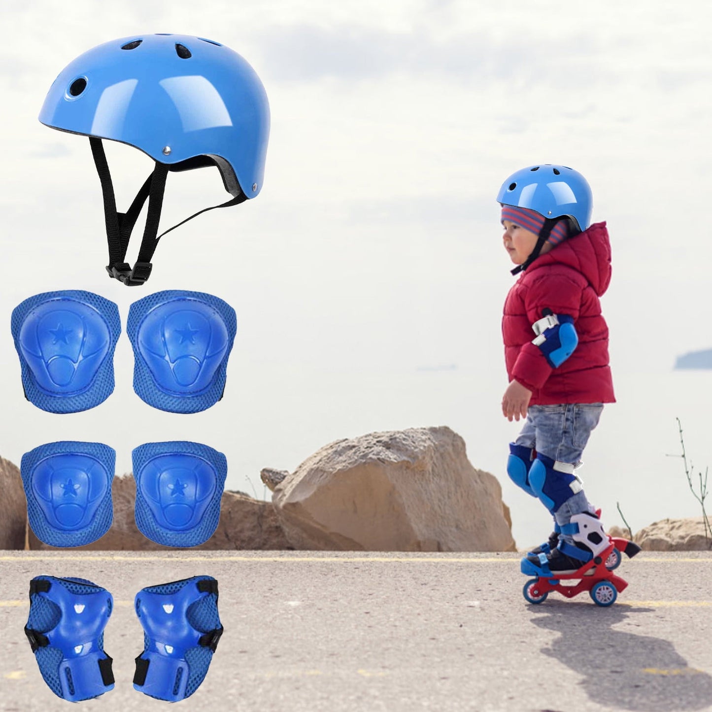 Kids Helmet Knee Elbow Pads Wrist Guard Sport Protective Gear Adjustable Scooter Skateboard Roller Bike Skate Cycling Set for Boy Girl Blue