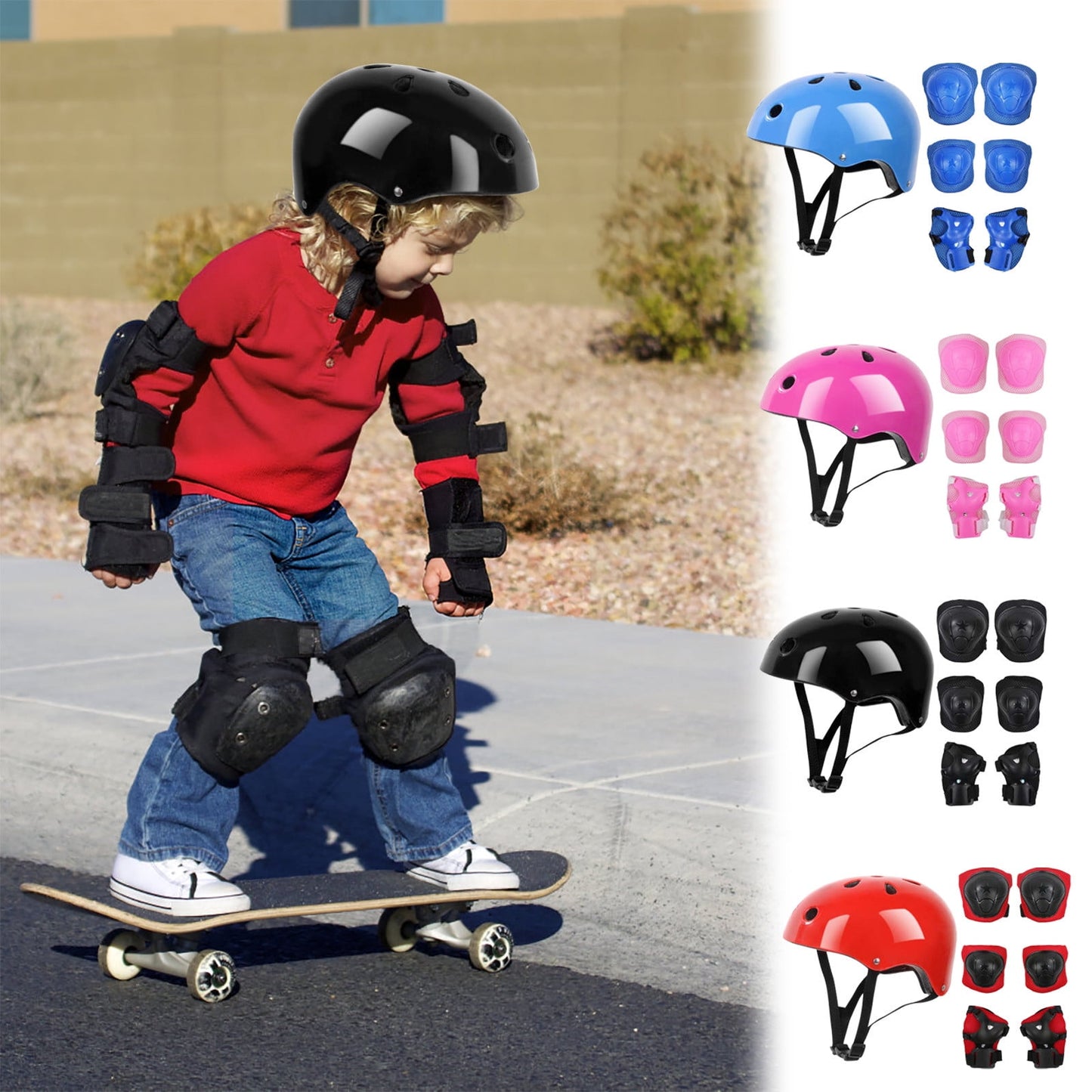 Kids Helmet Knee Elbow Pads Wrist Guard Sport Protective Gear Adjustable Scooter Skateboard Roller Bike Skate Cycling Set for Boy Girl Pink