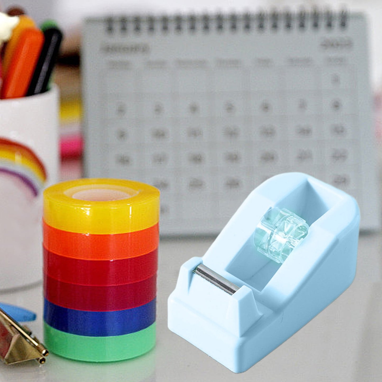 Desktop Tape Dispenser Adhesive Roll Holder Desk Accessories Home Office Tape Dispensers, Weighted Non-Skid Base Blue