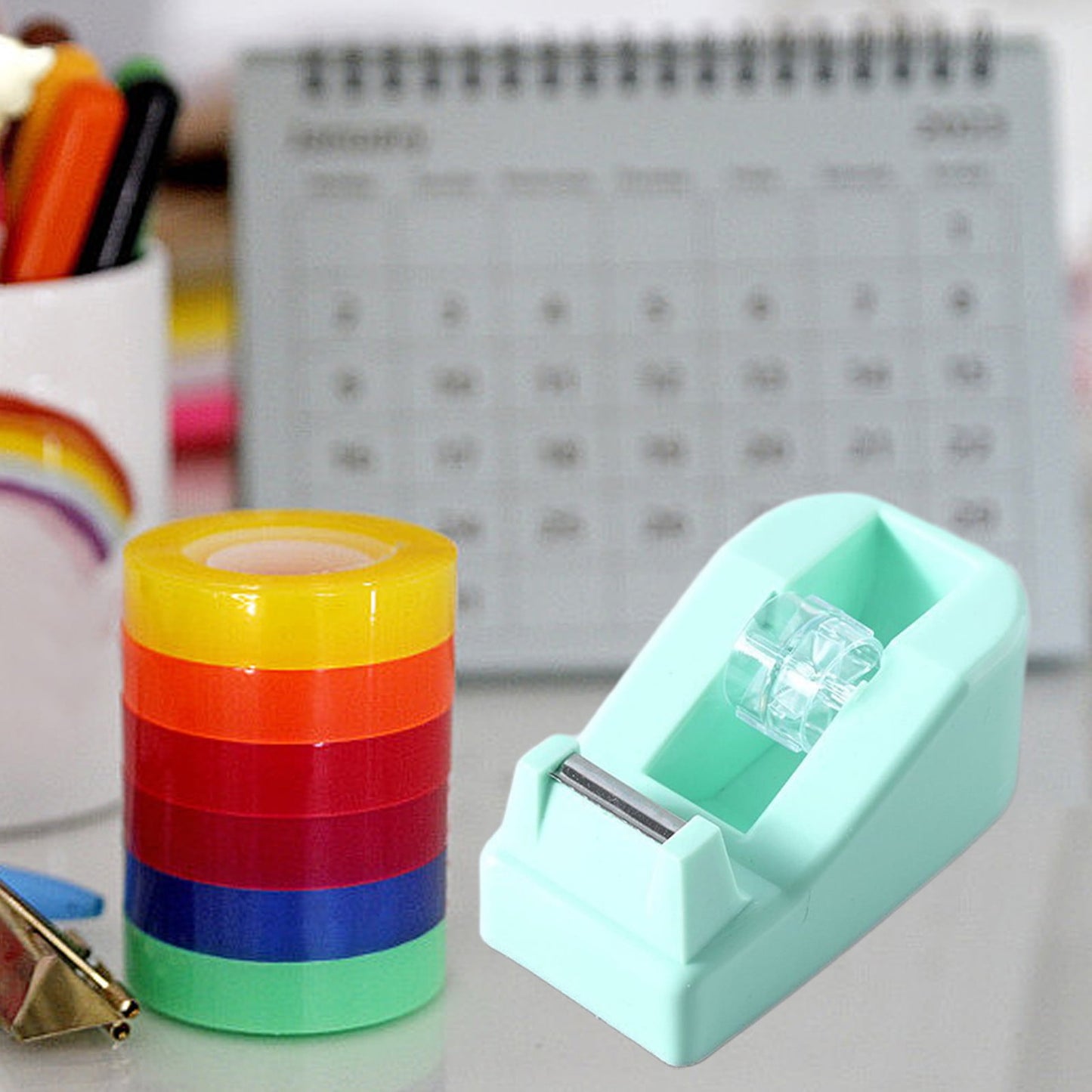Desktop Tape Dispenser Adhesive Roll Holder Desk Accessories Home Office Tape Dispensers, Weighted Non-Skid Base Green