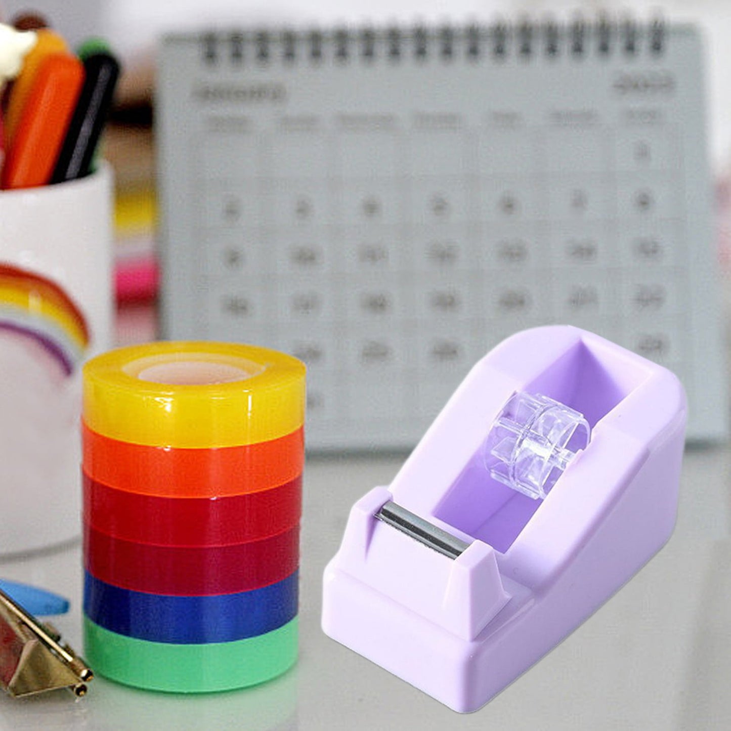 Desktop Tape Dispenser Adhesive Roll Holder Desk Accessories Home Office Tape Dispensers, Weighted Non-Skid Base Purple