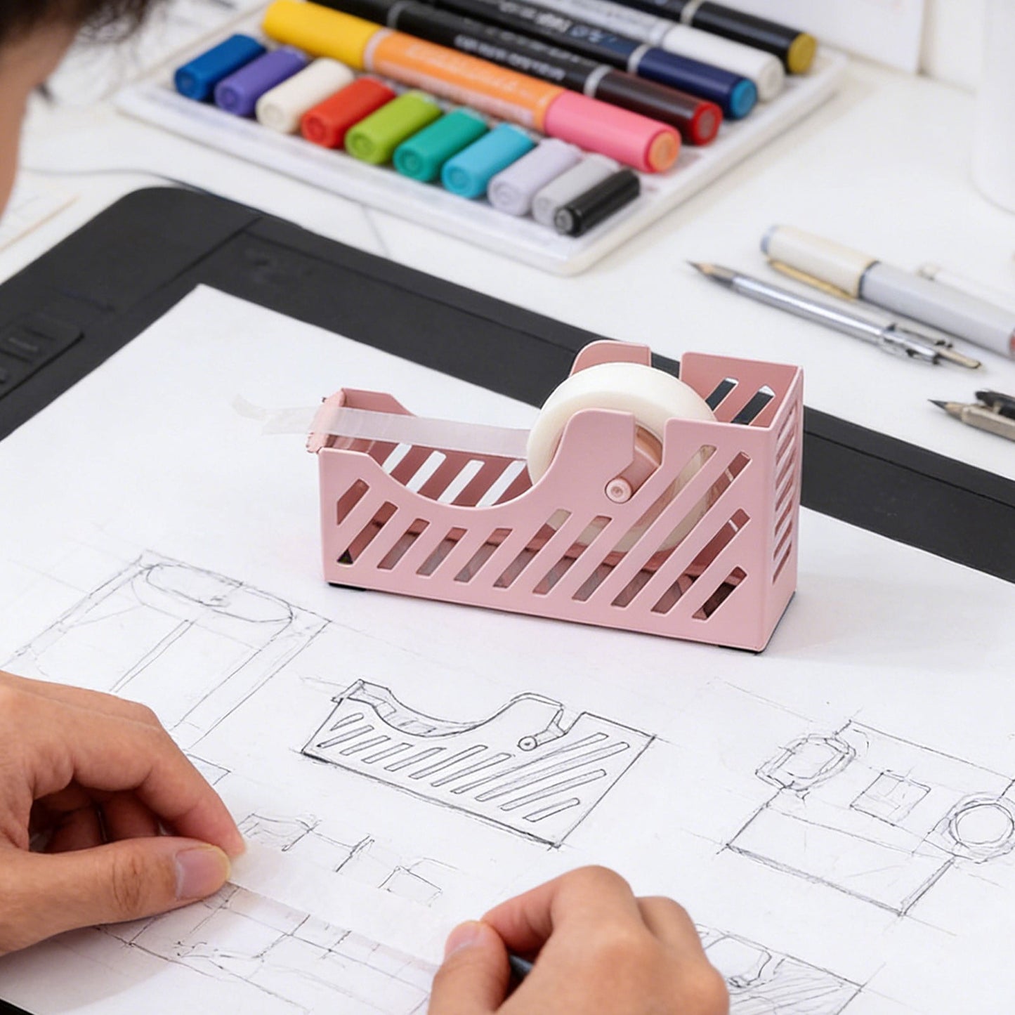 Desktop Tape Dispenser Adhesive Roll Holder Desk Accessories Home Office Tape Dispensers, Weighted Non-Skid Base X-Pink