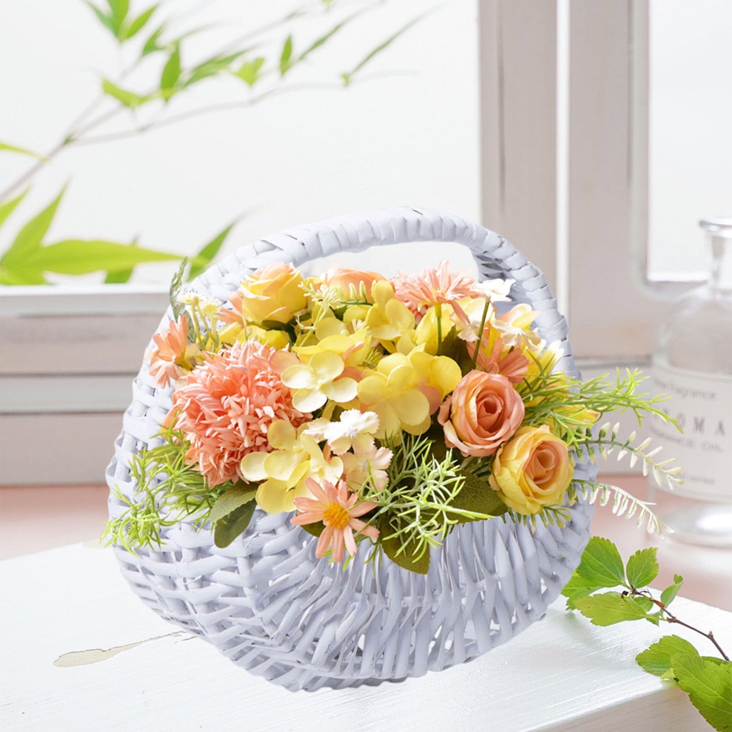 Wicker Basket with Handle, Wicker Shopping Basket, Picnic Baskets, Wicker Storage Basket, Rattan Basket for Wedding White