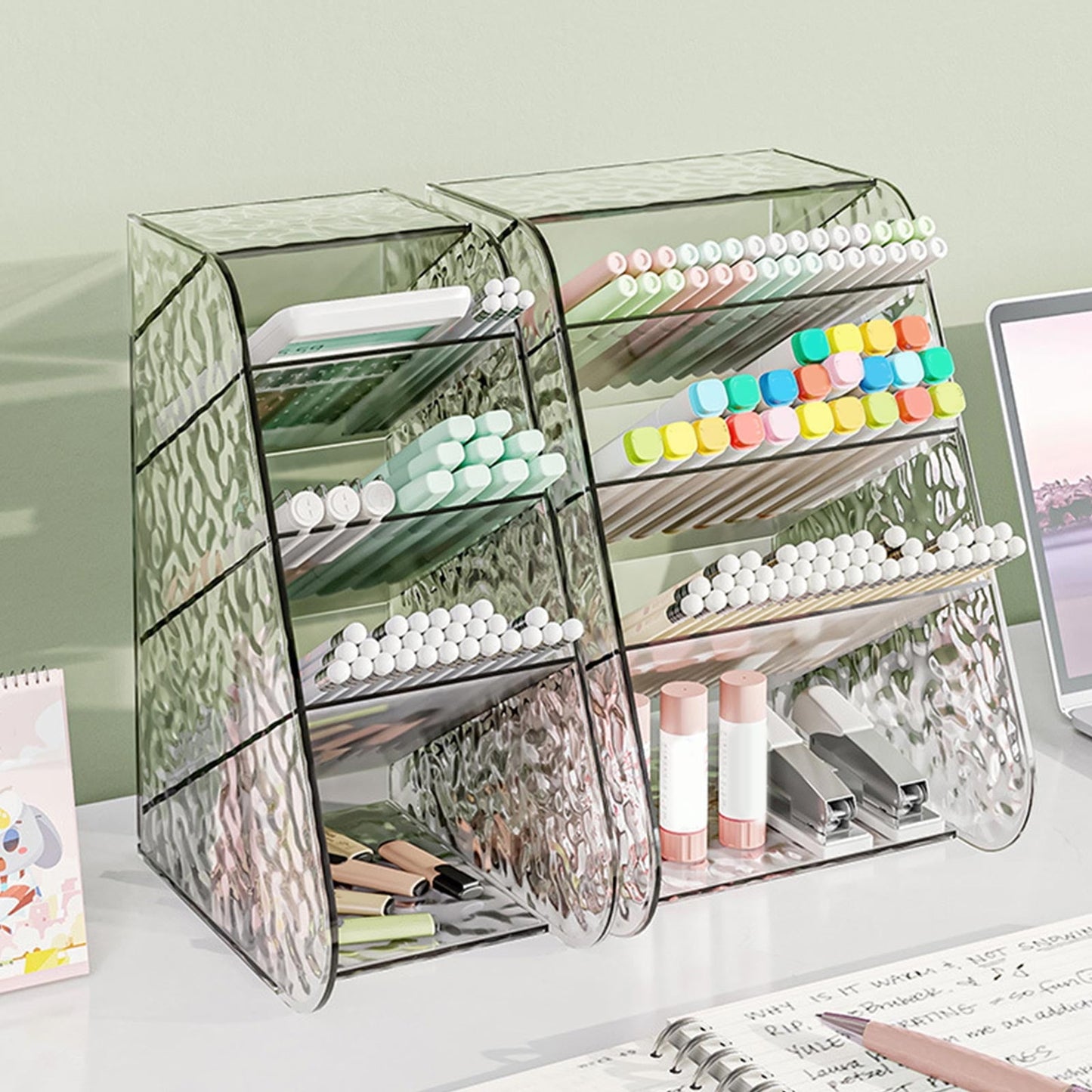 Kdkad Slanted Desktop Organizer - Clear Acrylic Pen Holder w/ Angled Slots, Cosmetic Brush Storage & Office Supply Tray for Desk (Multi-Use Stationery Box)\u200b\u200b L White