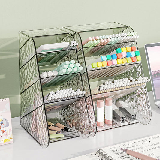 Kdkad Slanted Desktop Organizer - Clear Acrylic Pen Holder w/ Angled Slots, Cosmetic Brush Storage & Office Supply Tray for Desk (Multi-Use Stationery Box)\u200b\u200b L White