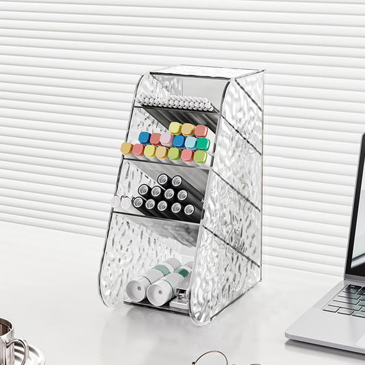Kdkad Slanted Desktop Organizer - Clear Acrylic Pen Holder w/ Angled Slots, Cosmetic Brush Storage & Office Supply Tray for Desk (Multi-Use Stationery Box)\u200b\u200b L White