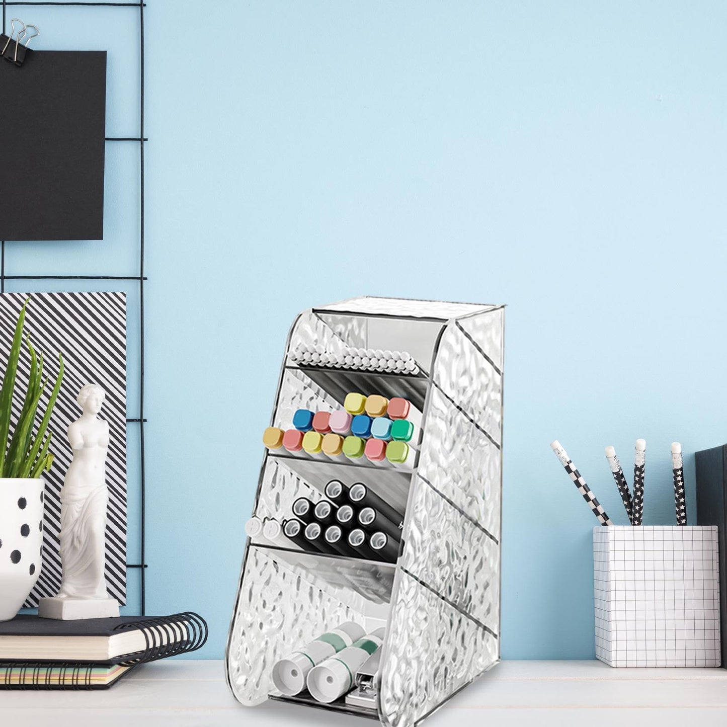 Kdkad Slanted Desktop Organizer - Clear Acrylic Pen Holder w/ Angled Slots, Cosmetic Brush Storage & Office Supply Tray for Desk (Multi-Use Stationery Box)\u200b\u200b L White
