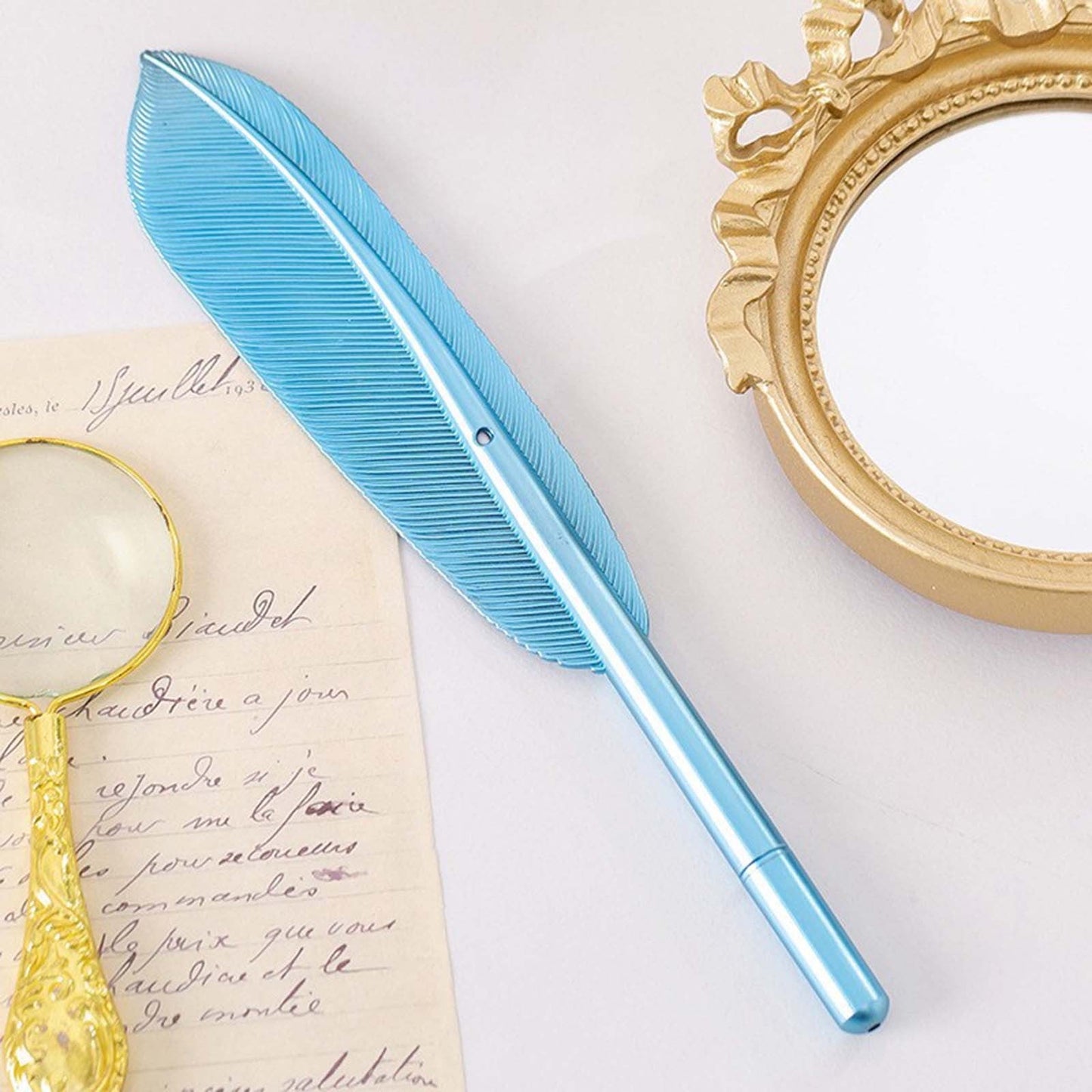 Feather Ballpoint Pens Black Ink Natural Feather Quill Ballpoint Pen for Office, Retro Quill Writing Wedding Sign Pen Blue
