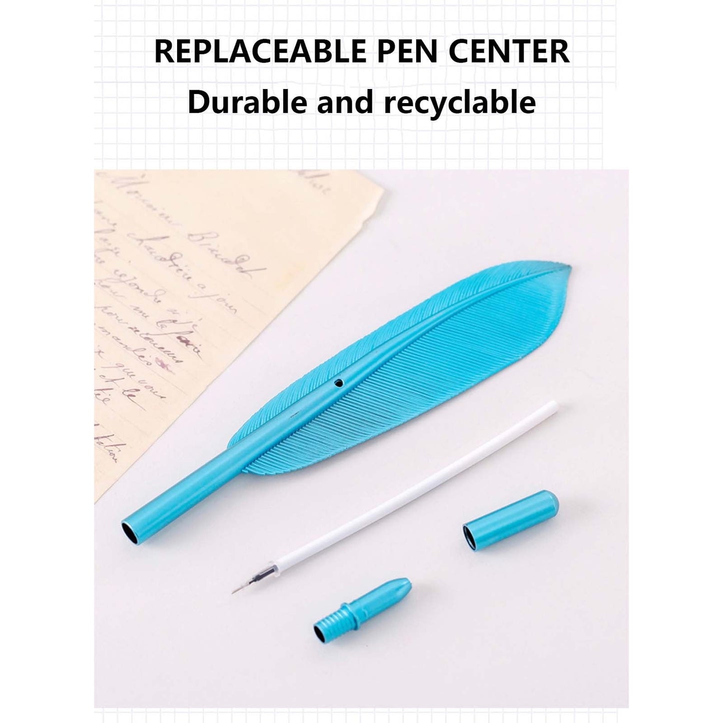 Feather Ballpoint Pens Black Ink Natural Feather Quill Ballpoint Pen for Office, Retro Quill Writing Wedding Sign Pen Blue