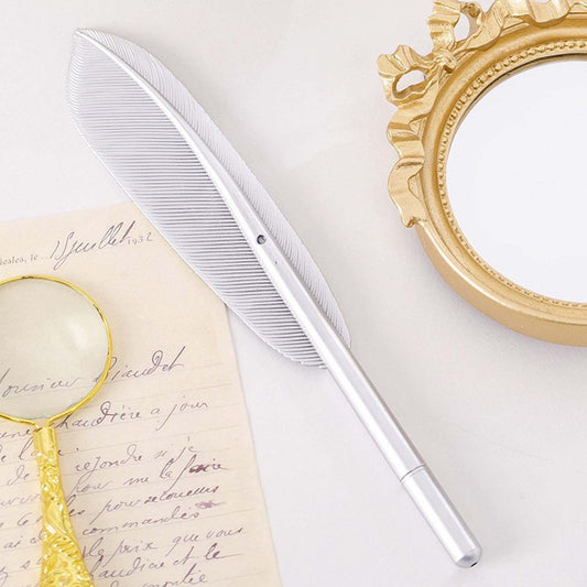 Feather Ballpoint Pens Black Ink Natural Feather Quill Ballpoint Pen for Office, Retro Quill Writing Wedding Sign Pen Silver