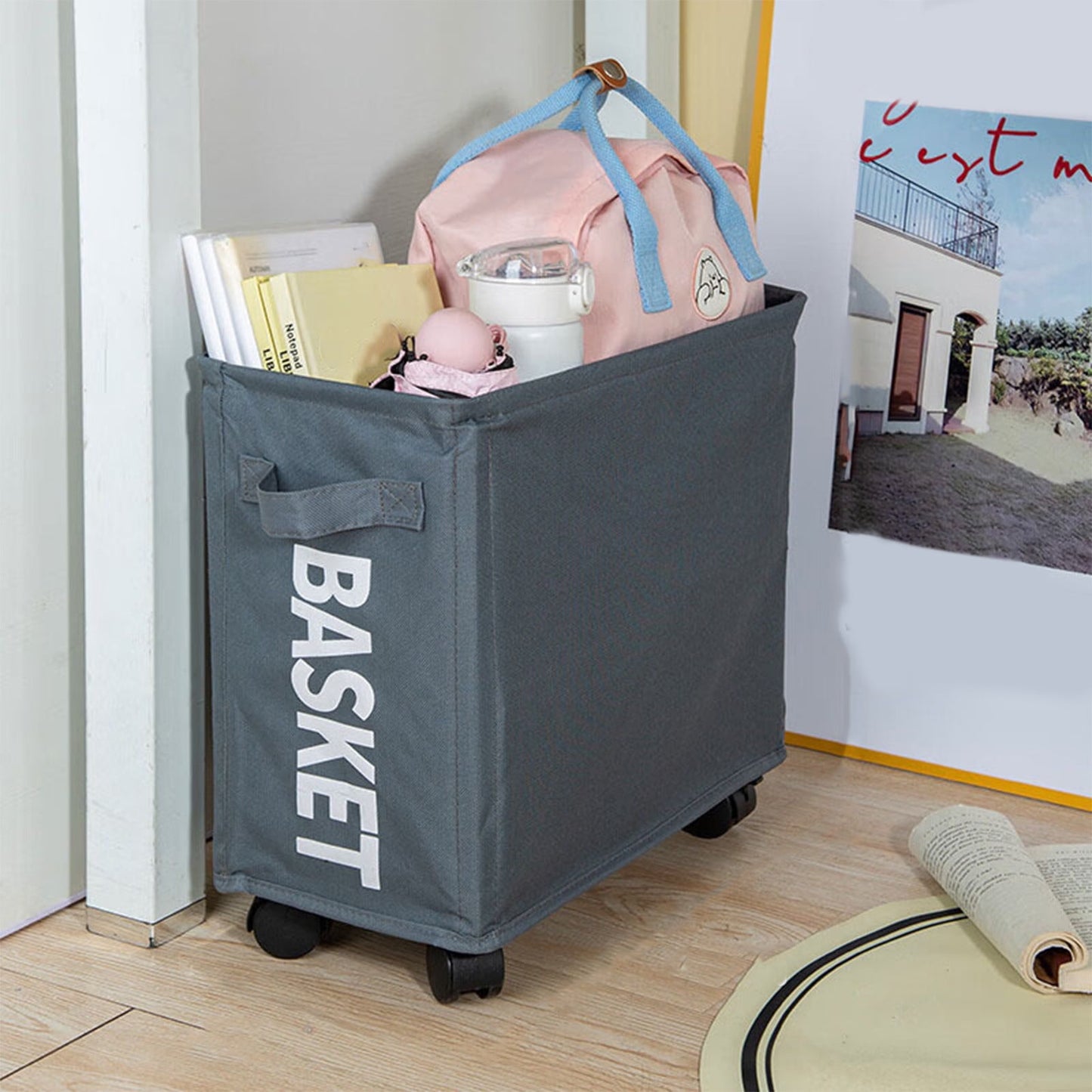 Laundry Baskets with Wheels and Handle, Collapsible Laundry Baskets, Clothes Laundry Basket with Removable Wash Bags for College Dorm, Rolling Laundry Hamper Dark Gray