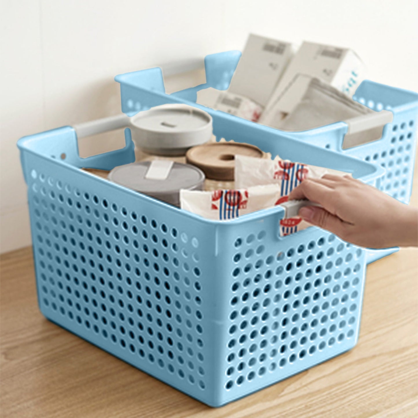 Laundry Basket, 2 pcs Plastic Hamper with Handles, Open Storage Bin to Organize Closets, Cabinets, Pantry, Shelving and Countertop Space, Suitable for Families and Dorms 1PC-Blue