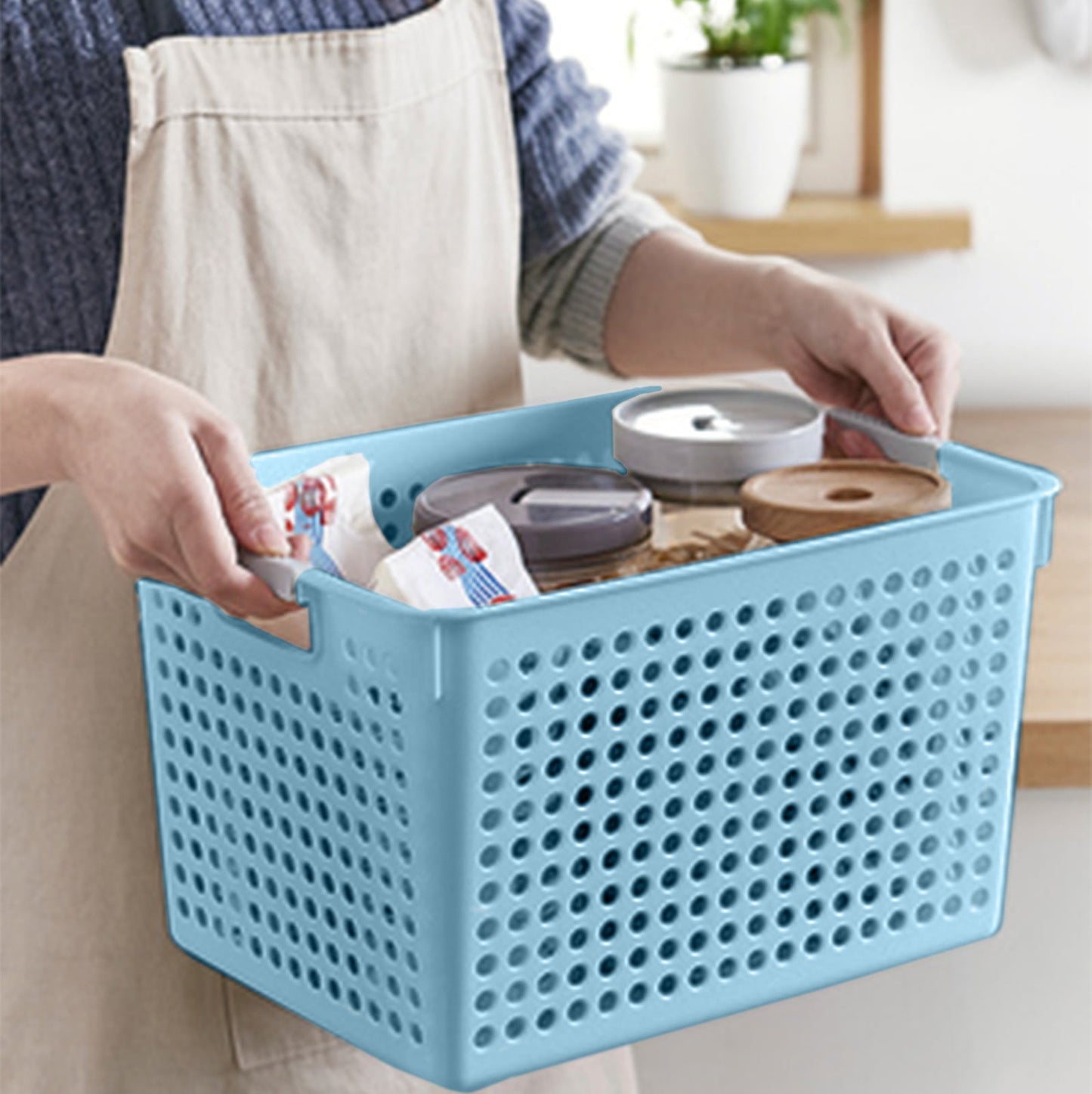 Laundry Basket, 2 pcs Plastic Hamper with Handles, Open Storage Bin to Organize Closets, Cabinets, Pantry, Shelving and Countertop Space, Suitable for Families and Dorms 1PC-Blue