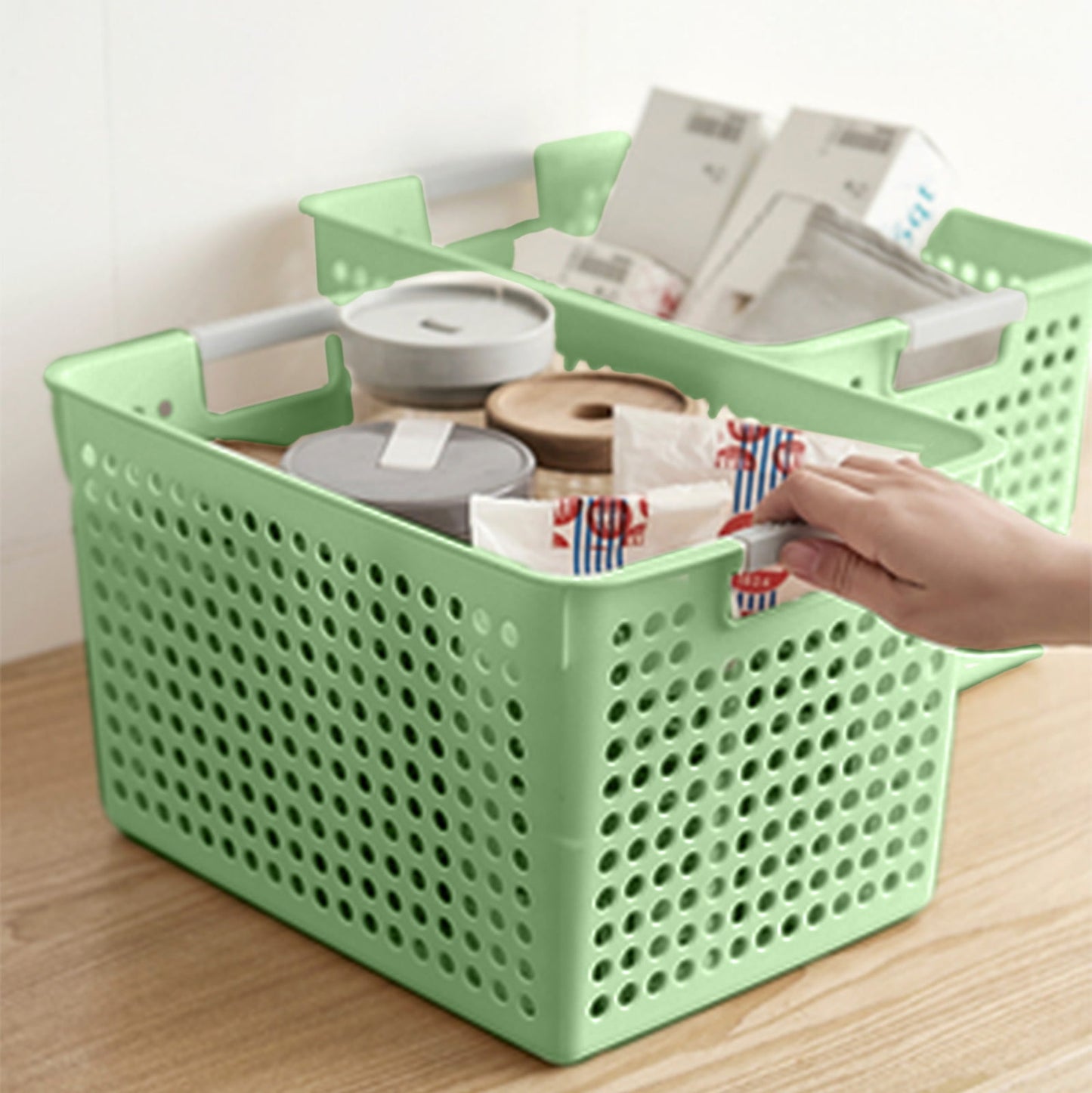 Laundry Basket, 2 pcs Plastic Hamper with Handles, Open Storage Bin to Organize Closets, Cabinets, Pantry, Shelving and Countertop Space, Suitable for Families and Dorms 1PC-Green