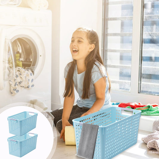 Laundry Basket, 2 pcs Plastic Hamper with Handles, Open Storage Bin to Organize Closets, Cabinets, Pantry, Shelving and Countertop Space, Suitable for Families and Dorms 3PC-Blue