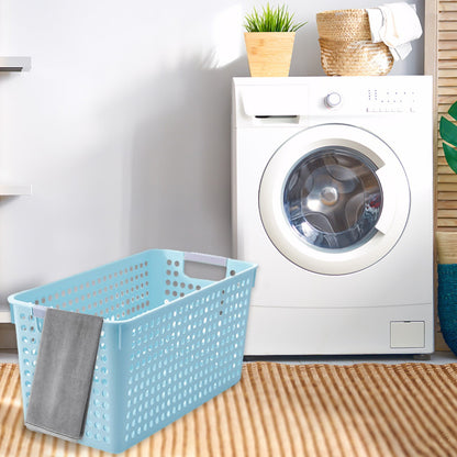 Laundry Basket, 2 pcs Plastic Hamper with Handles, Open Storage Bin to Organize Closets, Cabinets, Pantry, Shelving and Countertop Space, Suitable for Families and Dorms 3PC-Blue