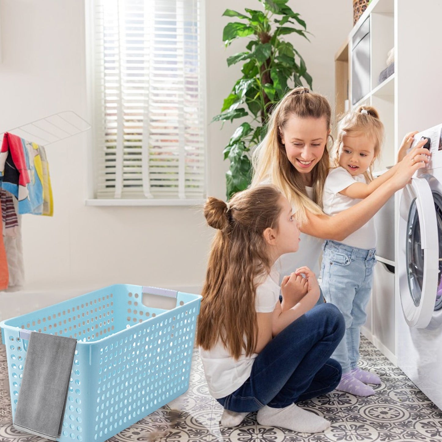 Laundry Basket, 2 pcs Plastic Hamper with Handles, Open Storage Bin to Organize Closets, Cabinets, Pantry, Shelving and Countertop Space, Suitable for Families and Dorms 3PC-Blue