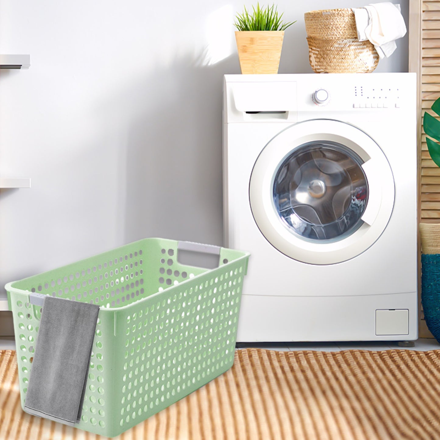 Laundry Basket, 2 pcs Plastic Hamper with Handles, Open Storage Bin to Organize Closets, Cabinets, Pantry, Shelving and Countertop Space, Suitable for Families and Dorms 3PC-Green