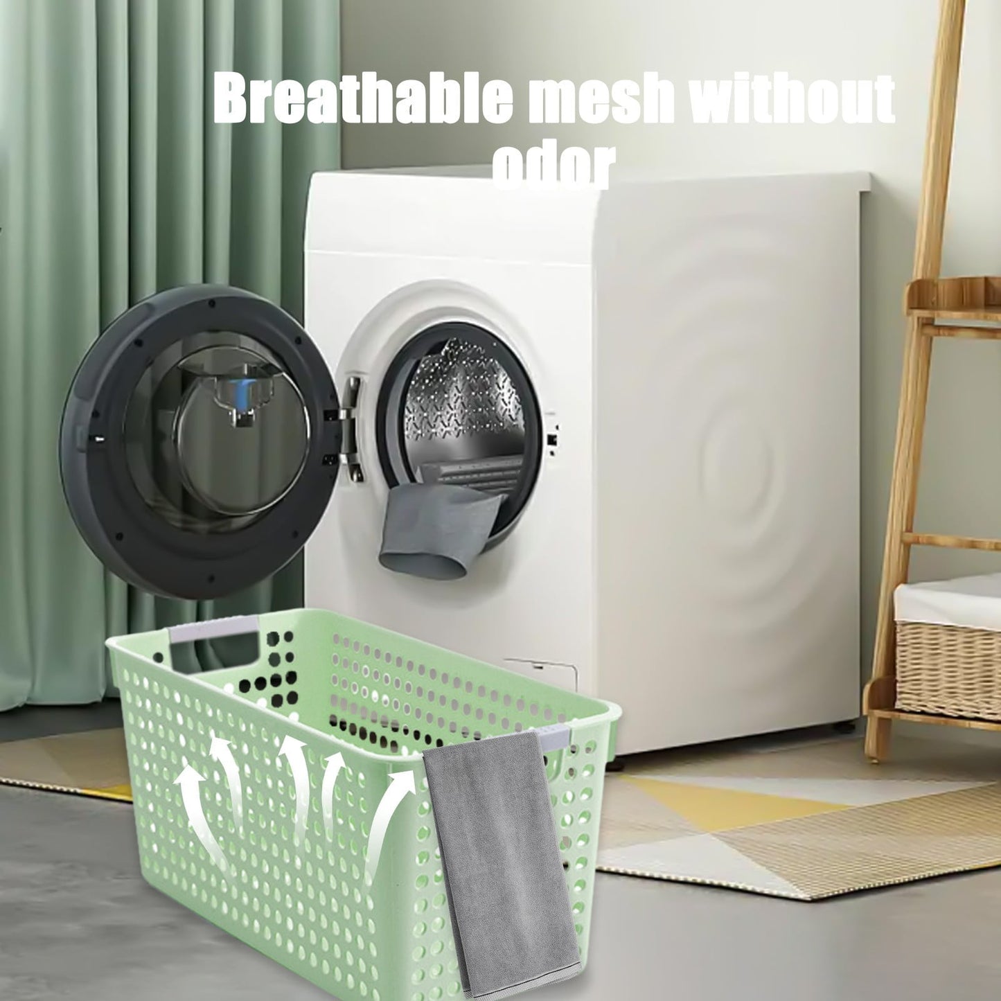 Laundry Basket, 2 pcs Plastic Hamper with Handles, Open Storage Bin to Organize Closets, Cabinets, Pantry, Shelving and Countertop Space, Suitable for Families and Dorms 3PC-Green