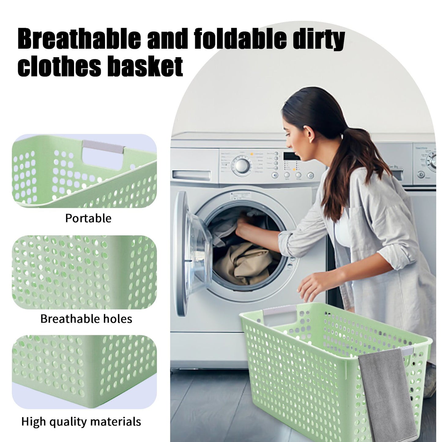 Laundry Basket, 2 pcs Plastic Hamper with Handles, Open Storage Bin to Organize Closets, Cabinets, Pantry, Shelving and Countertop Space, Suitable for Families and Dorms 3PC-Green