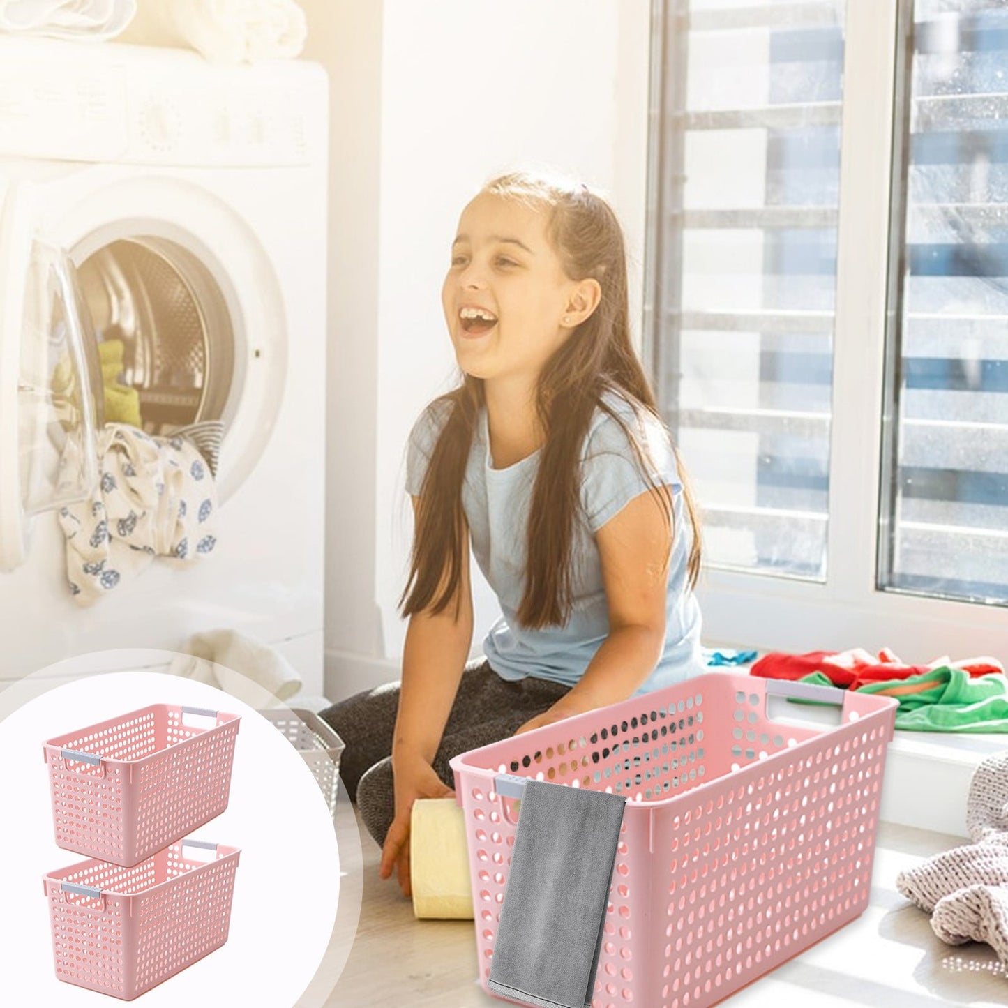Laundry Basket, 2 pcs Plastic Hamper with Handles, Open Storage Bin to Organize Closets, Cabinets, Pantry, Shelving and Countertop Space, Suitable for Families and Dorms 3PC-Pink