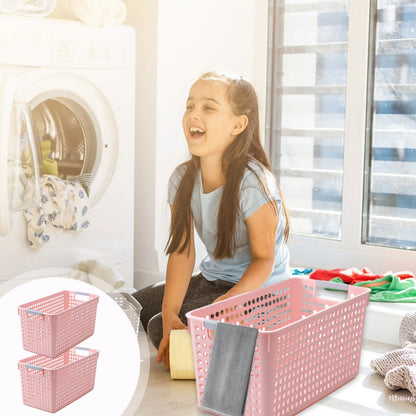 Laundry Basket, 2 pcs Plastic Hamper with Handles, Open Storage Bin to Organize Closets, Cabinets, Pantry, Shelving and Countertop Space, Suitable for Families and Dorms 3PC-Pink