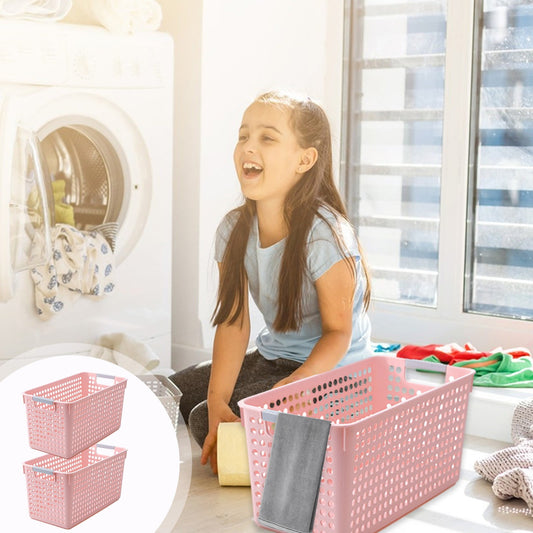 Laundry Basket, 2 pcs Plastic Hamper with Handles, Open Storage Bin to Organize Closets, Cabinets, Pantry, Shelving and Countertop Space, Suitable for Families and Dorms 3PC-Pink