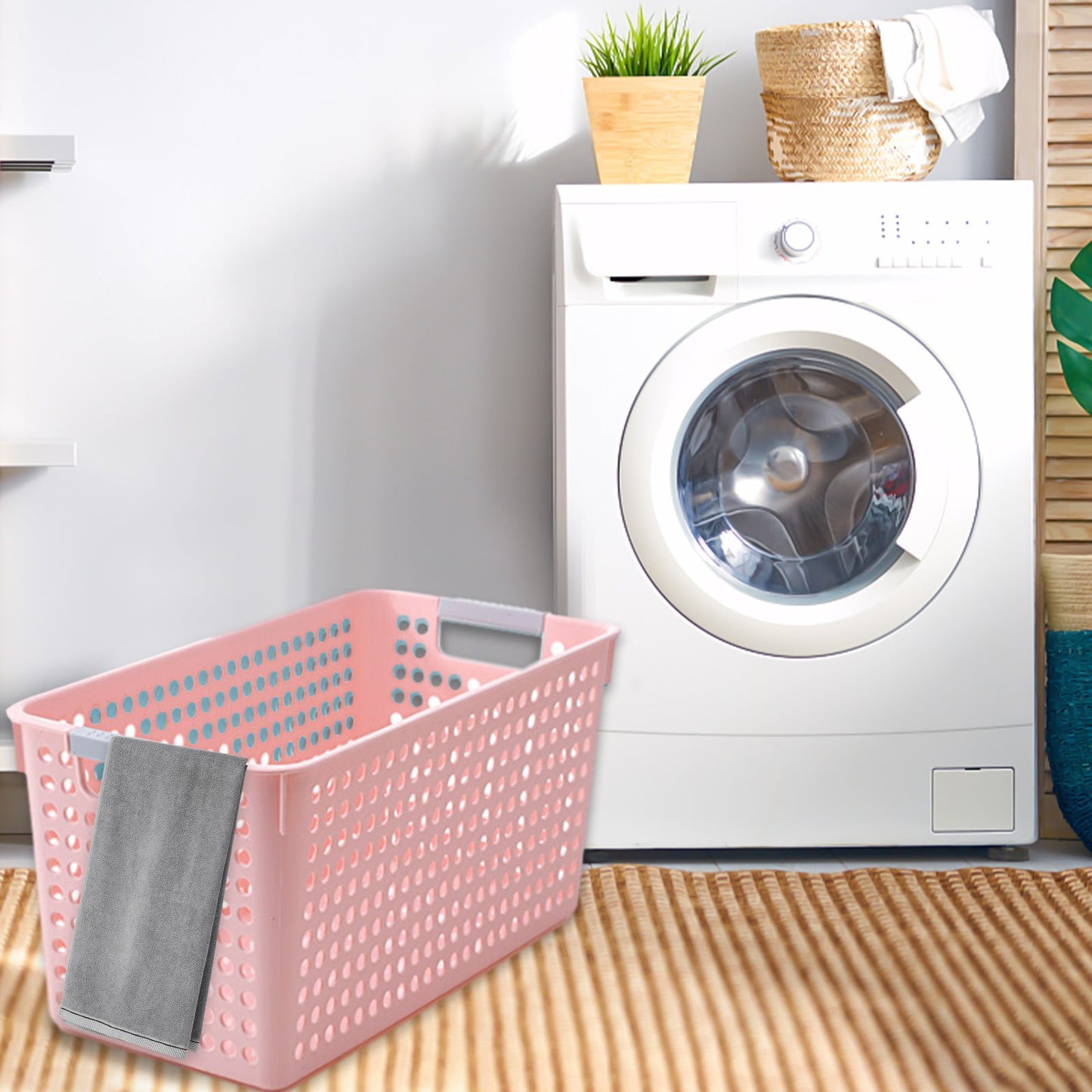 Laundry Basket, 2 pcs Plastic Hamper with Handles, Open Storage Bin to Organize Closets, Cabinets, Pantry, Shelving and Countertop Space, Suitable for Families and Dorms 3PC-Pink