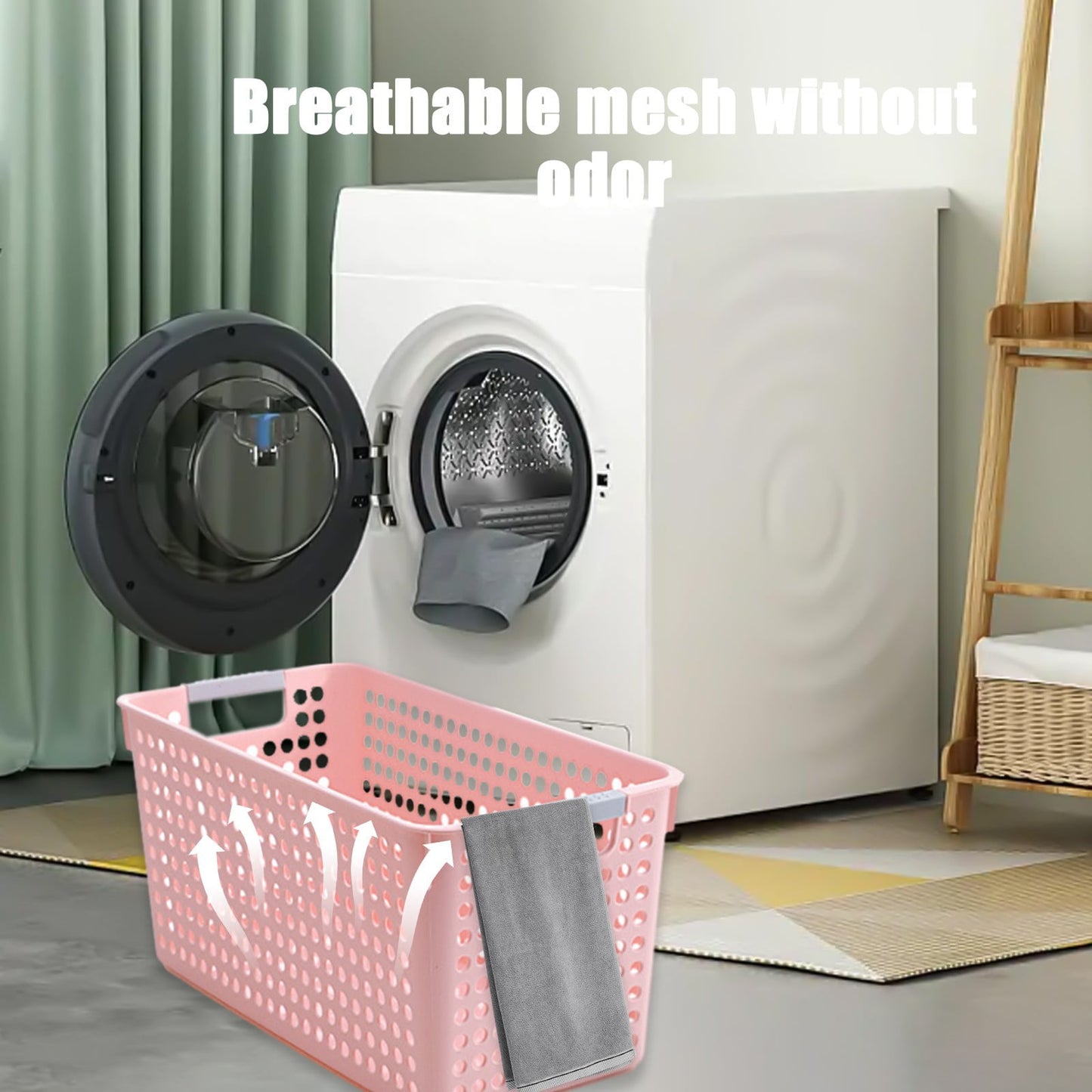 Laundry Basket, 2 pcs Plastic Hamper with Handles, Open Storage Bin to Organize Closets, Cabinets, Pantry, Shelving and Countertop Space, Suitable for Families and Dorms 3PC-Pink