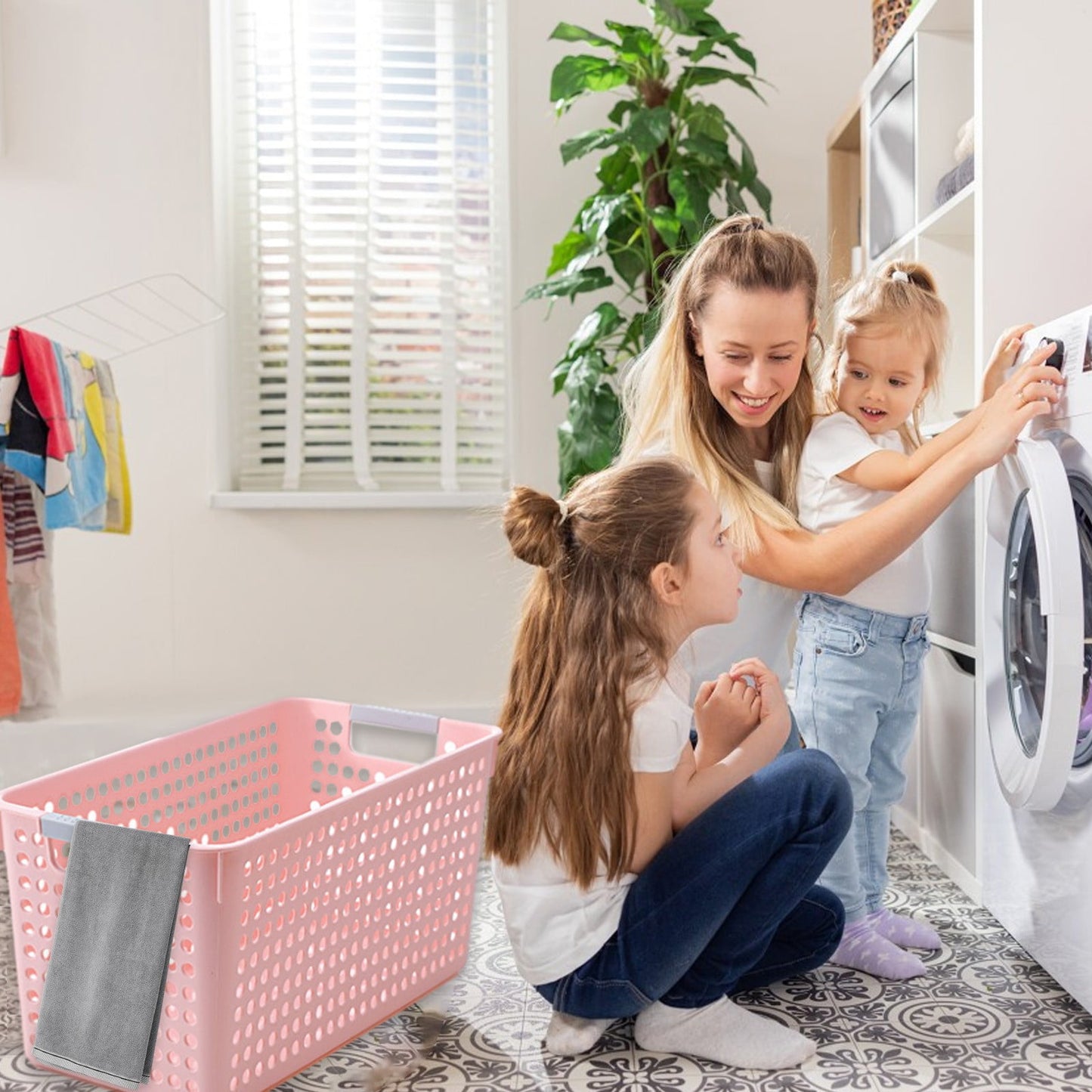 Laundry Basket, 2 pcs Plastic Hamper with Handles, Open Storage Bin to Organize Closets, Cabinets, Pantry, Shelving and Countertop Space, Suitable for Families and Dorms 3PC-Pink