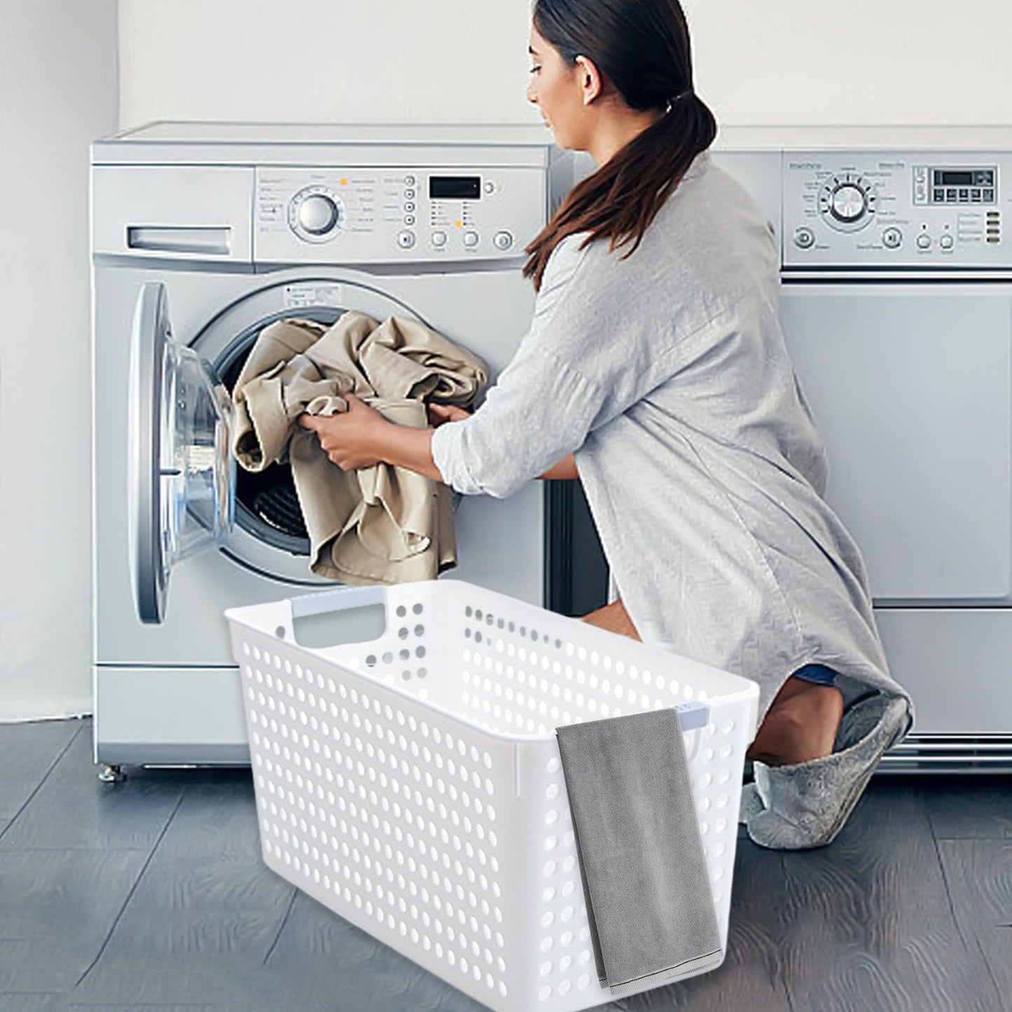 Laundry Basket, 2 pcs Plastic Hamper with Handles, Open Storage Bin to Organize Closets, Cabinets, Pantry, Shelving and Countertop Space, Suitable for Families and Dorms 3PC-White