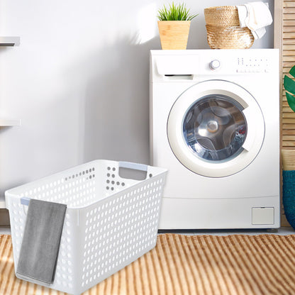 Laundry Basket, 2 pcs Plastic Hamper with Handles, Open Storage Bin to Organize Closets, Cabinets, Pantry, Shelving and Countertop Space, Suitable for Families and Dorms 3PC-White
